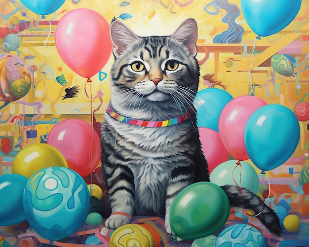 Gatto carino con palloncini di compleanno e decorazioni AI generativa