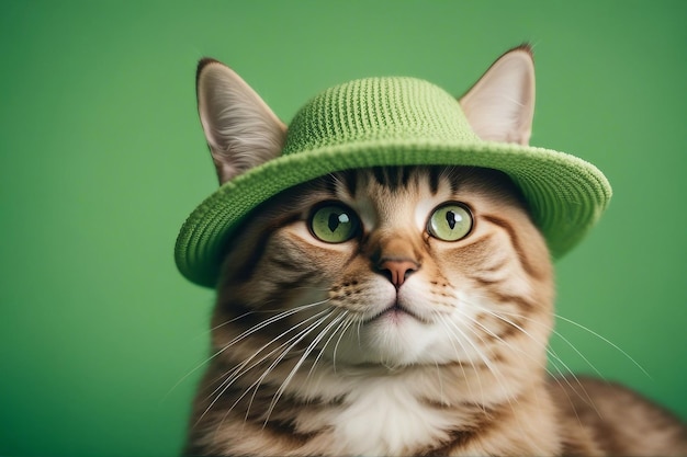 Gatto carino con un cappello verde primaverile su sfondo verde