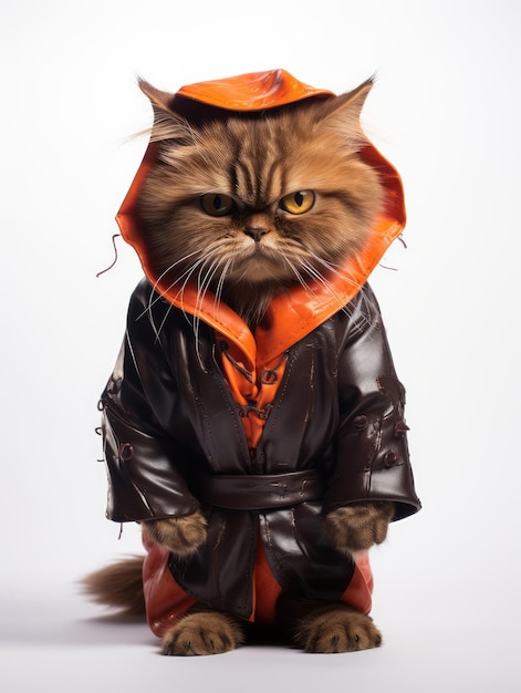 Gatto carino con una giacca di pelle e un cappello arancione su sfondo bianco