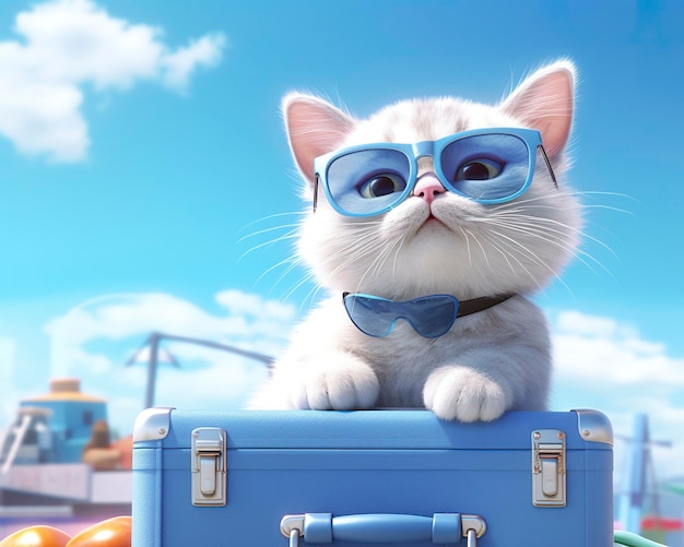 Gatto carino su una valigia blu con occhiali da sole AI Generative