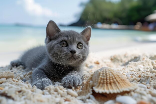 Gatto carino sulla spiaggia in estate AI generativa