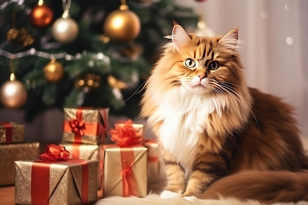 Gatto carino sullo sfondo di un albero di Natale e regali