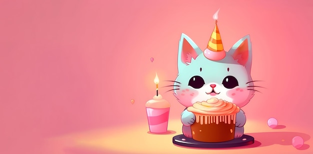 Gatto cartone animato in un cappello di compleanno con una torta festiva su sfondo rosa IA generativa