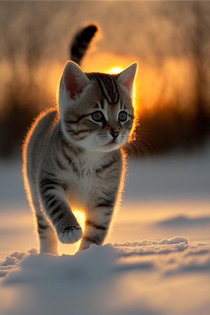Gatto che cammina nella neve generativa ai