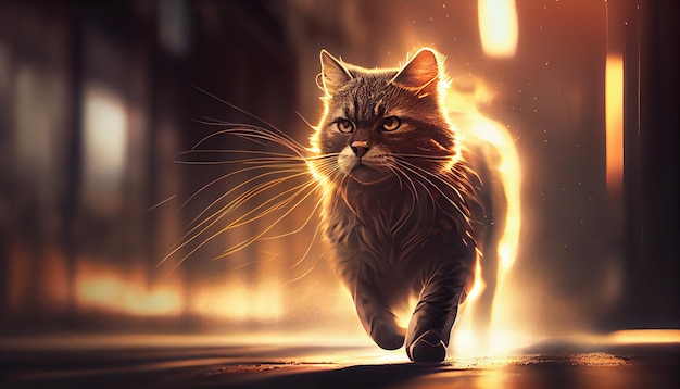 Gatto che corre in strada di notte