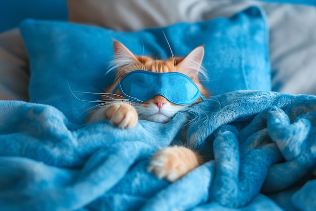 Gatto che dorme con la maschera del sonno sdraiato nel letto concetto di Giornata Mondiale del Sonno Riposare e rilassarsi sognando ad occhi aperti sonno sano giorno libero pigro concetto Gatto carino in fascia da sonno che indossa maschera da sonno