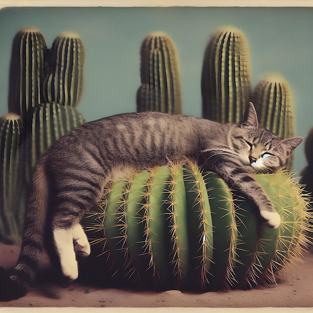 gatto che dorme sul cactus