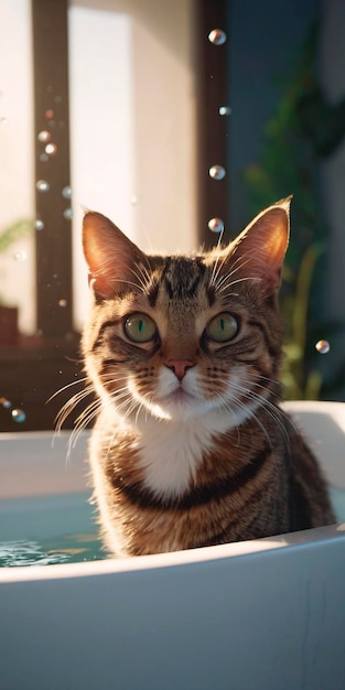 Gatto che fa il bagno nella vasca da bagno guardando la telecamera