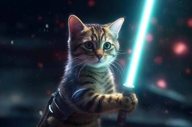 Gatto che fa oscillare la spada laser su un pianeta lontano con stelle e sfondo della galassia illustrazione generativa ai