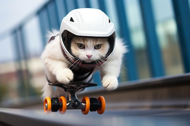 Gatto che fa skateboard con un casco in testa