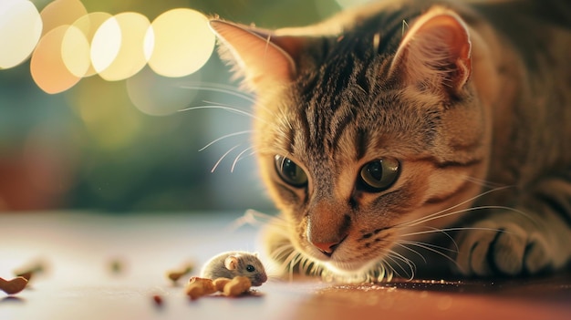 Gatto che gioca con il topolino gerbillo sul tavolo Ritratto da animale AI generativo