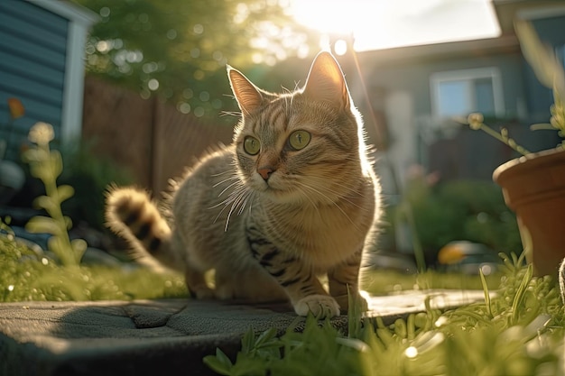 Gatto che gioca in giardino