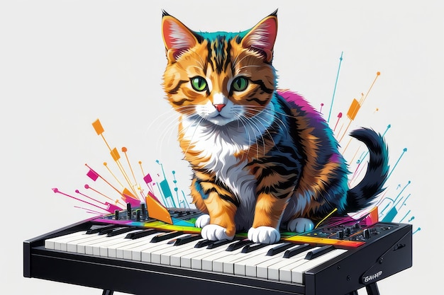 gatto che gioca sul sintetizzatore arte a colori creata con software generativo AI