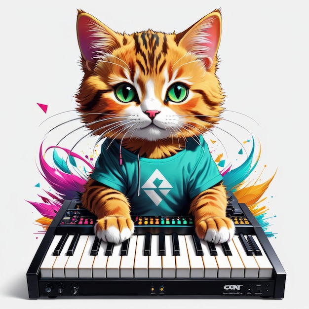 gatto che gioca sul sintetizzatore arte a colori creata con software generativo AI
