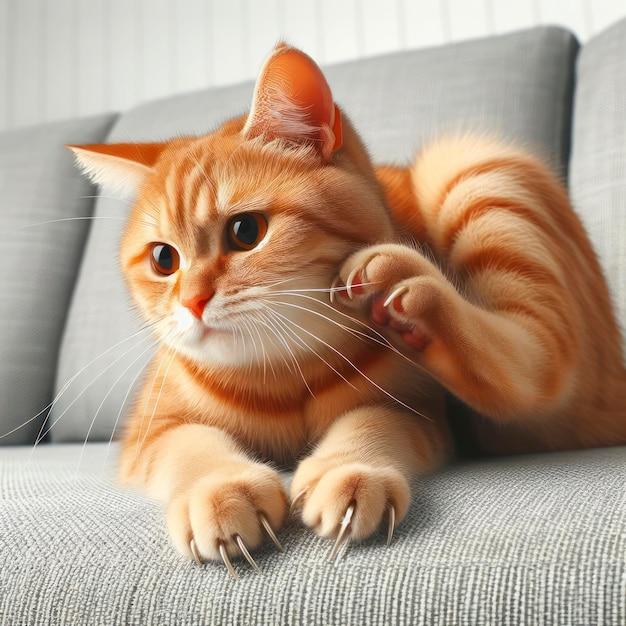 Gatto che gratta gli artigli su un divano su uno sfondo bianco