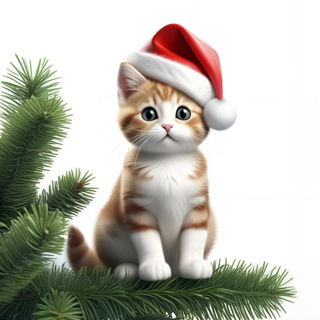 Gatto che indossa cappello da Babbo Natale seduto sul ramo dell'albero di Natale