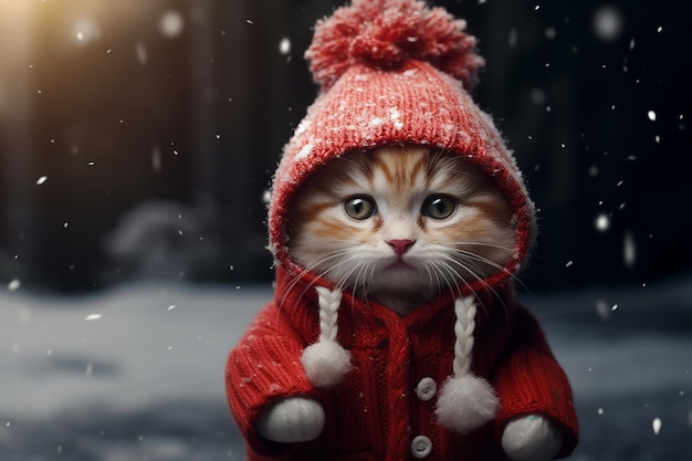 gatto che indossa cappello gattino e sciarpa invernale Sfondo ritratto di Natale