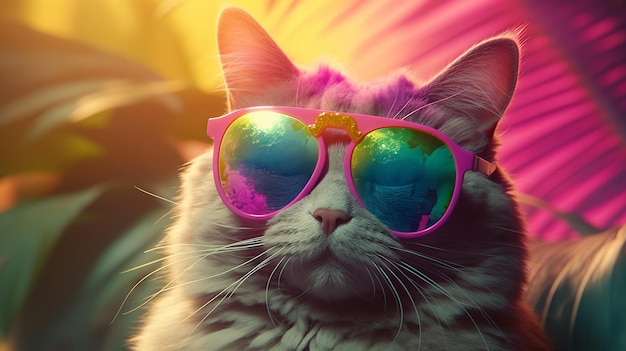 Gatto che indossa gli occhiali da sole della giungla ottimo design per qualsiasi scopo Illustrazione grafica Sfondo verde Illustrazione divertente Illustrazione di moda Stile realistico