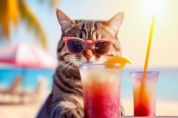 Gatto che indossa occhiali da sole con cocktail che si rilassa sullo sfondo del mare Ciao estate AI generativa