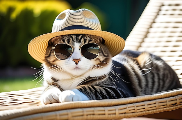 Gatto che indossa occhiali da sole e cappello da sole giace su un lettino nel cortile di una casa di campagna