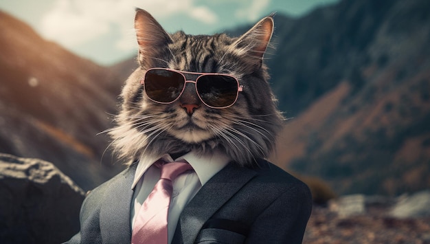 Gatto che indossa occhiali da sole e un abito in stile moda antropomorfo