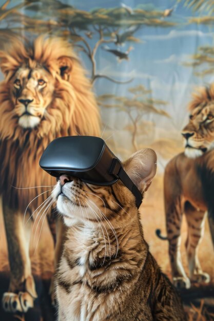 Gatto che indossa un auricolare di realtà virtuale davanti a un murale di un leone e una leonessa