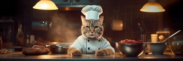 gatto che indossa un cappello e un grembiule da chef che prepara abilmente piatti gourmet in una cucina professionale di un ristorante