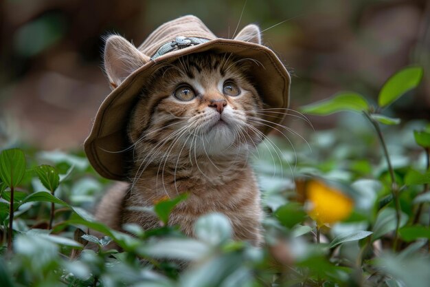 Gatto che indossa un cappello nell'erba