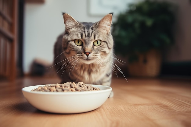 Gatto che mangia con entusiasmo crocchette secche da una ciotola in cucina al mattino AI generativa