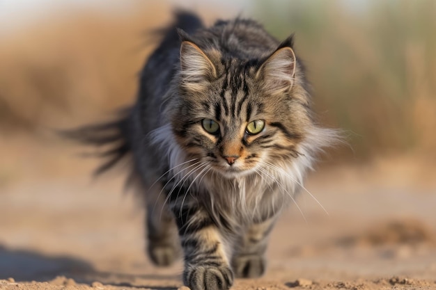 Gatto che passeggia lungo una strada polverosa con uno scenario sfocato sullo sfondo IA generativa