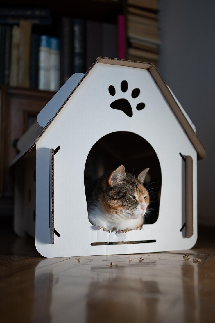 Foto gatto che riposa in una casa di scatole di cartone zero rifiuti per gli animali concetto di casa per animali domestici eco-friendly