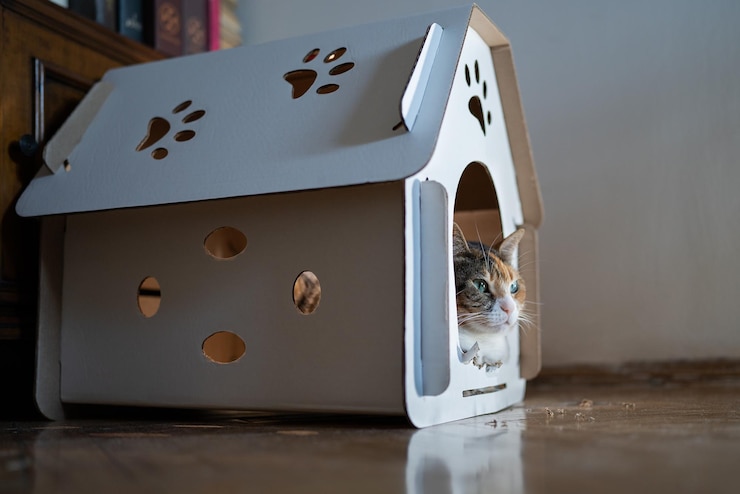 Foto gatto che riposa in una casa di scatole di cartone zero rifiuti per gli animali concetto di casa per animali domestici eco-friendly
