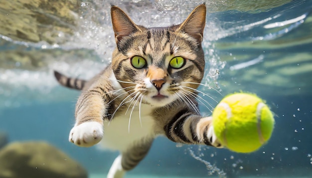 Gatto che salta in piscina per prendere la palla da tennis