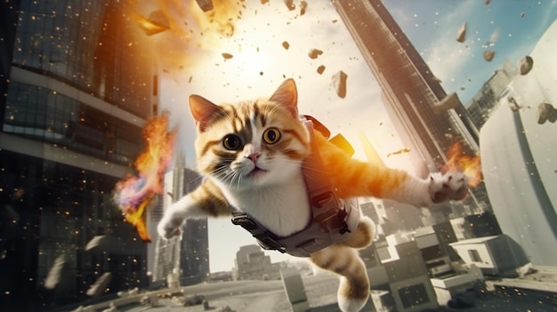 gatto che salta indossando uniformi di agenti futuristici pistola in mano con espressione scioccata