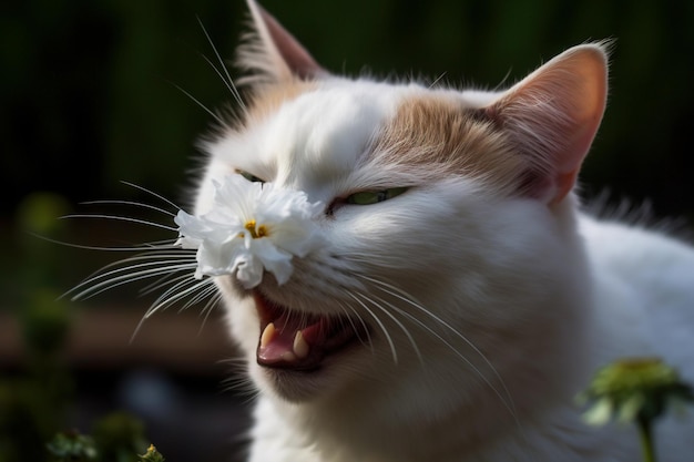 Gatto che starnutisce dopo aver sentito l'odore dei fiori Metafora allergica con gattino divertente Generata da IA