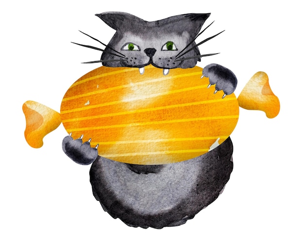 Gatto che tiene una grande caramella nelle sue zampe illustrazione dell'acquerello