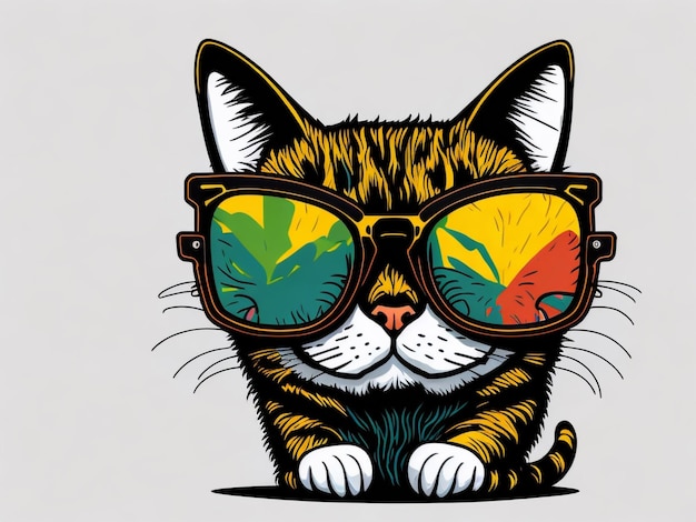 Gatto colorato a cartone animato con occhiali da sole su sfondo bianco