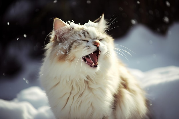 Gatto colpito da una palla di neve Gattino carino con la faccia sorpresa e arrabbiata colpito dalla neve durante il gioco invernale Generato da AI