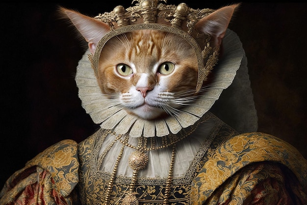 Gatto come regina Elisabetta I famoso personaggio storico ritratto illustrazione generativa ai