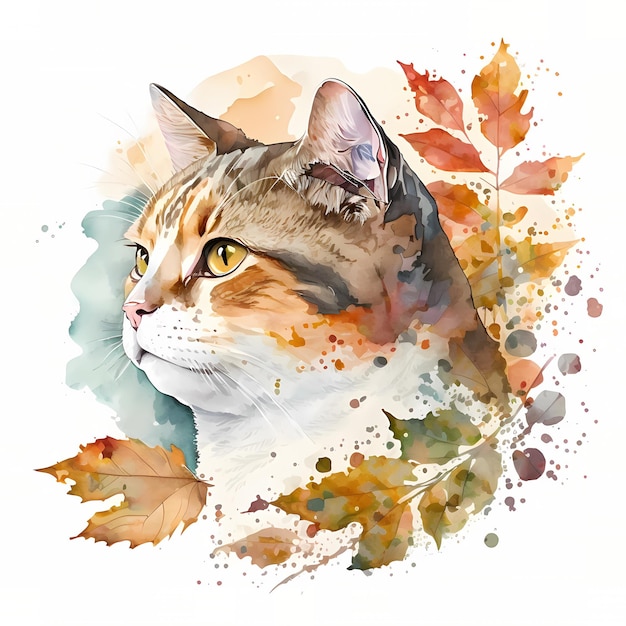 Gatto Con Autum_n Foglie Ritratto Acquerello Clipart