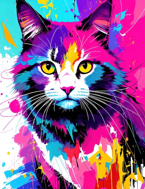 Gatto con bellezza astratta che esamina la pittura digitale di colori psichedelici della macchina fotografica