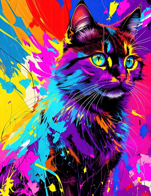 Gatto con bellezza astratta che esamina la pittura digitale di colori psichedelici della macchina fotografica