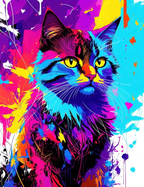 Gatto con bellezza astratta che esamina la pittura digitale di colori psichedelici della macchina fotografica
