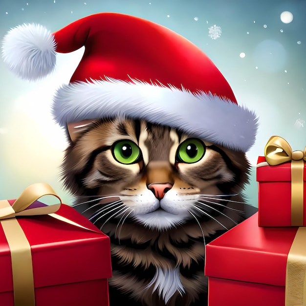 Gatto con cappello da Babbo Natale e regali di Natale Illustrazione AI generativa