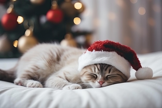 Gatto con cappello di Natale che dorme sul divano