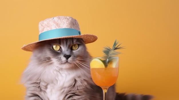 Gatto con cappello e cocktail su uno sfondo colorato