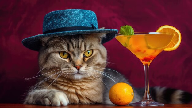 Gatto con cappello e cocktail su uno sfondo colorato