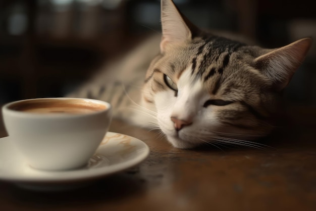 Gatto con gli occhi assonnati accanto al cappuccino IA generativa