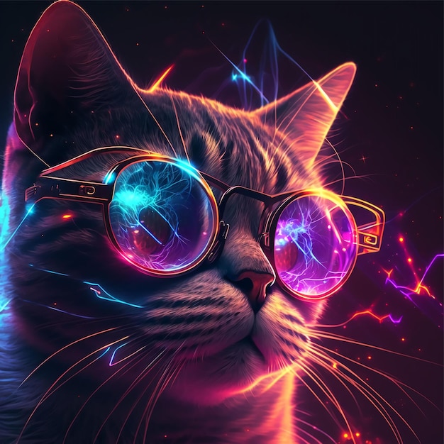 gatto con gli occhiali con spazio geometrico arte futuristica stile copertina dell'album al neon