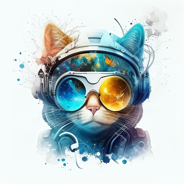 gatto con gli occhiali con spazio geometrico arte futuristica stile copertina dell'album al neon